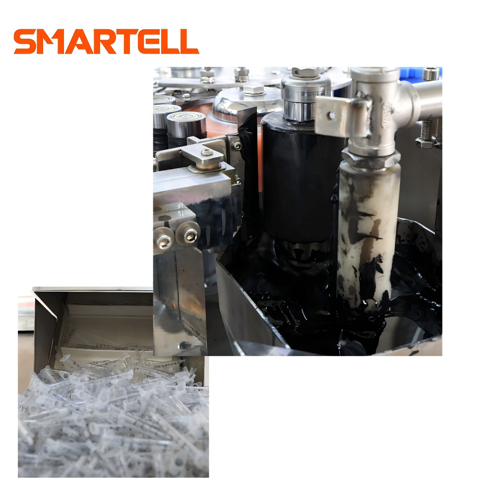Impresora automática de barril de jeringa con tolva centrífuga y esterilización con aceite de silicona
